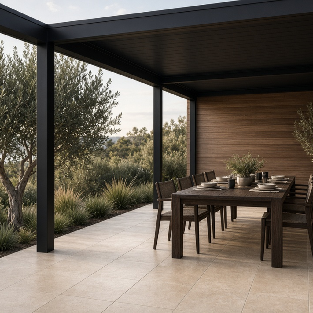 Pergola with black steel framing